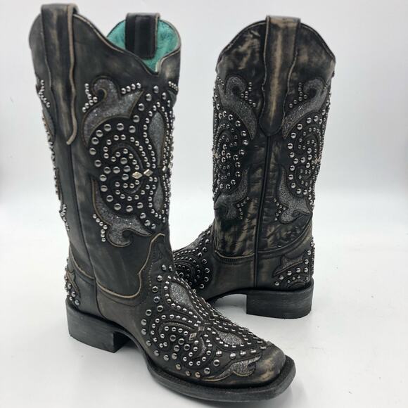 Corral Womens Inlay & Embroidery & Studs Square Toe Black Size 7 M - Picture 9 of 14